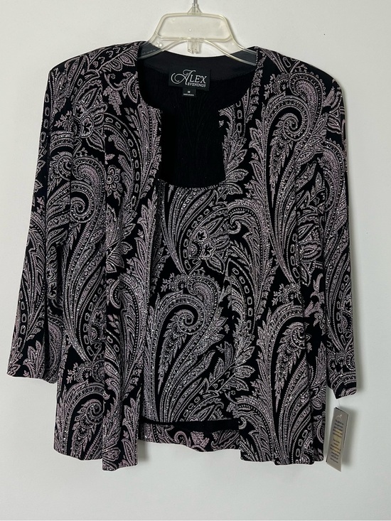 Alex Evenings Sweaters - Alex Evenings Glitter Paisley Print Twinset Jacket Tank Top Set Black Stone M